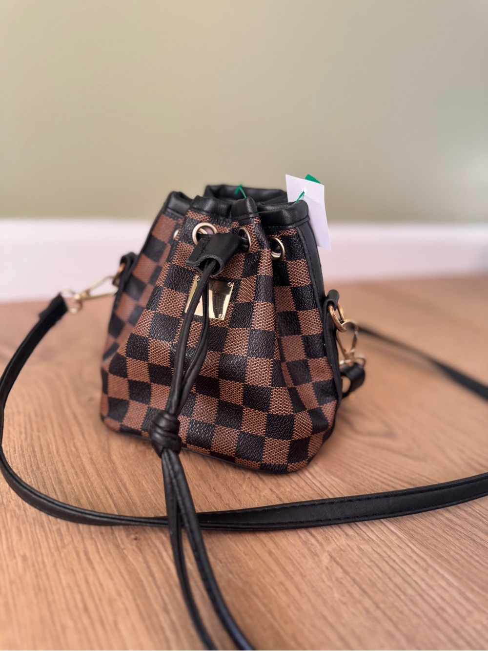 Brown Checkered Drawstring Crossbody Bag